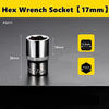 A silver hex wrench socket with a 17mm drive size is shown against a dark background.