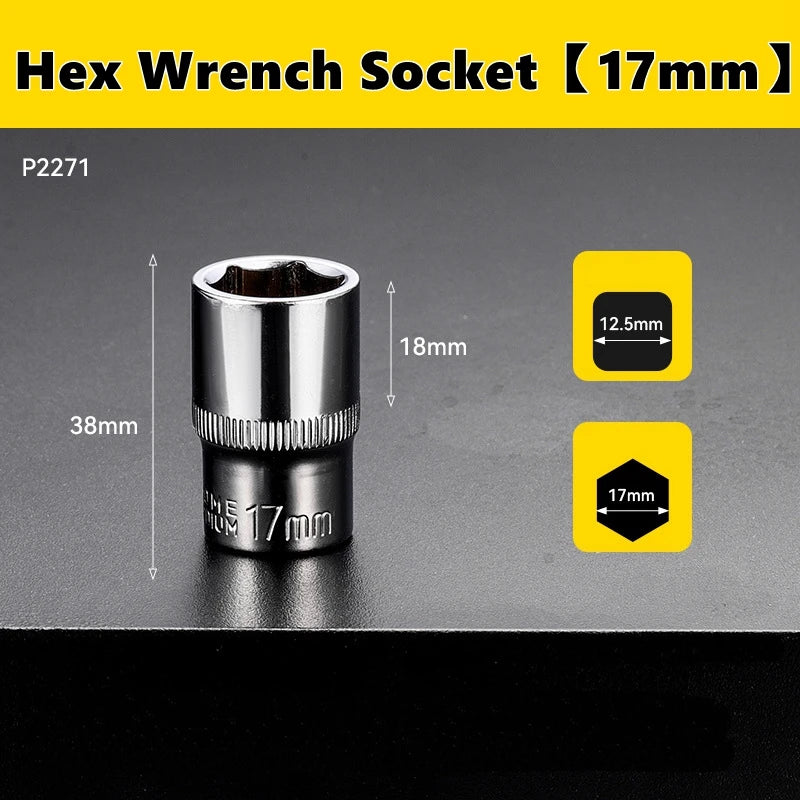 A silver hex wrench socket with a 17mm drive size is shown against a dark background.