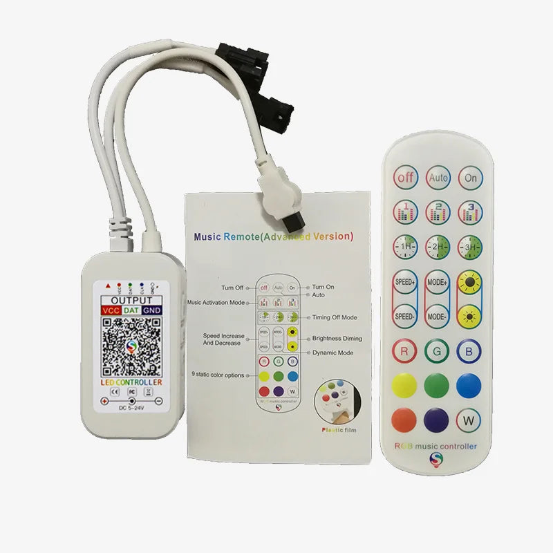 A white music remote with an attached cable and a separate RGB music controller device.