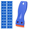 A blue multi-surface plastic razor blade scraper with orange backing and a curved handle.