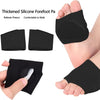 Black silicone forefoot pads shown on a foot and hand, demonstrating pressure relief and comfort for walking.