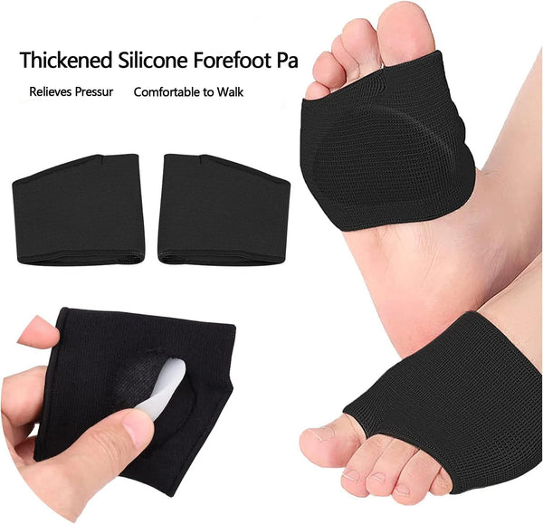 Schwarze Silikon-Fußpads auf Fuß und Hand, die Druckentlastung und Komfort beim Gehen demonstrieren.