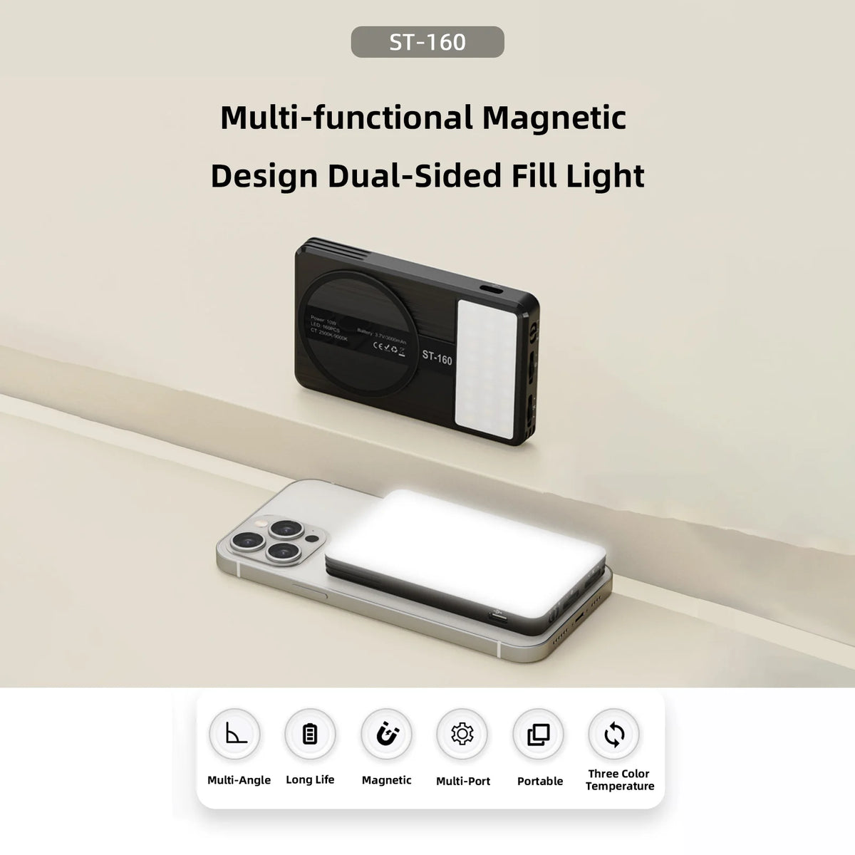 Une lumière de remplissage magnétique bidirectionnelle multifonction utilisée à côté d'un smartphone.