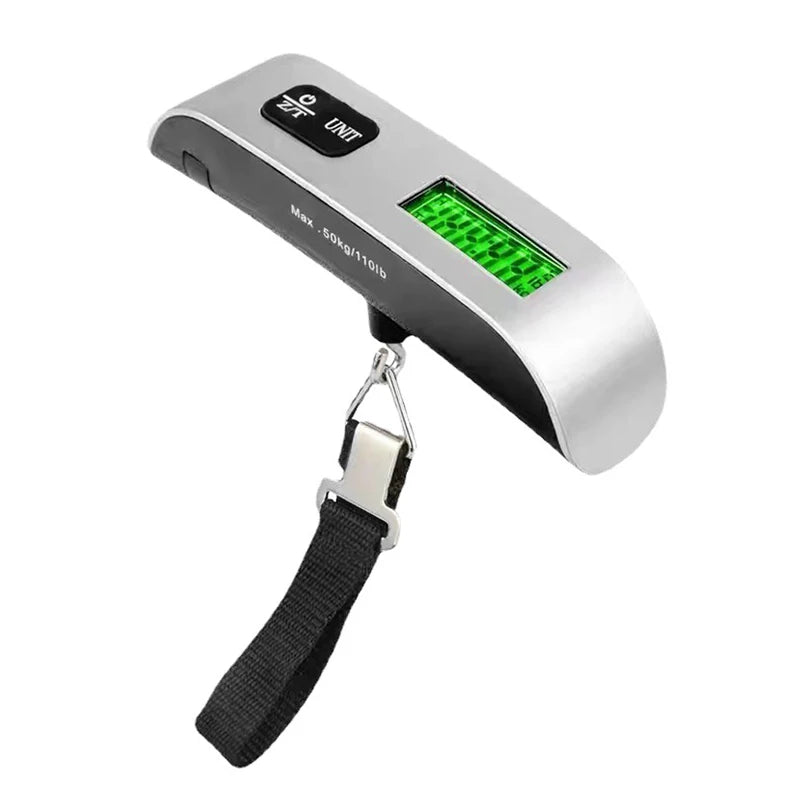 A silver digital hanging luggage scale with a green display and a black strap.