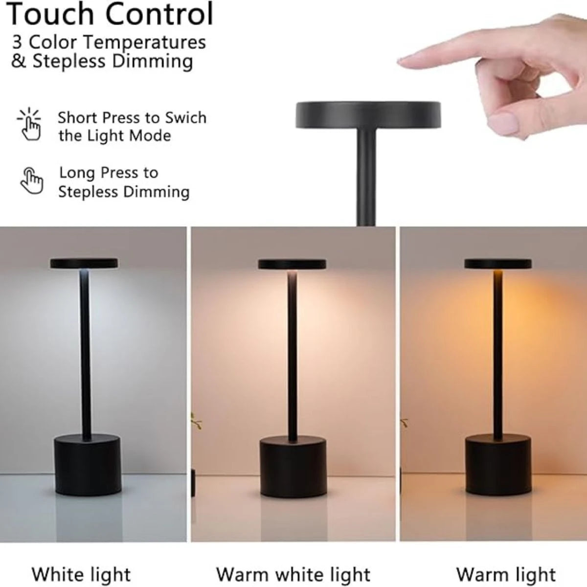 A black touch controlled desk lamp with adjustable light settings shown in various lighting conditions.