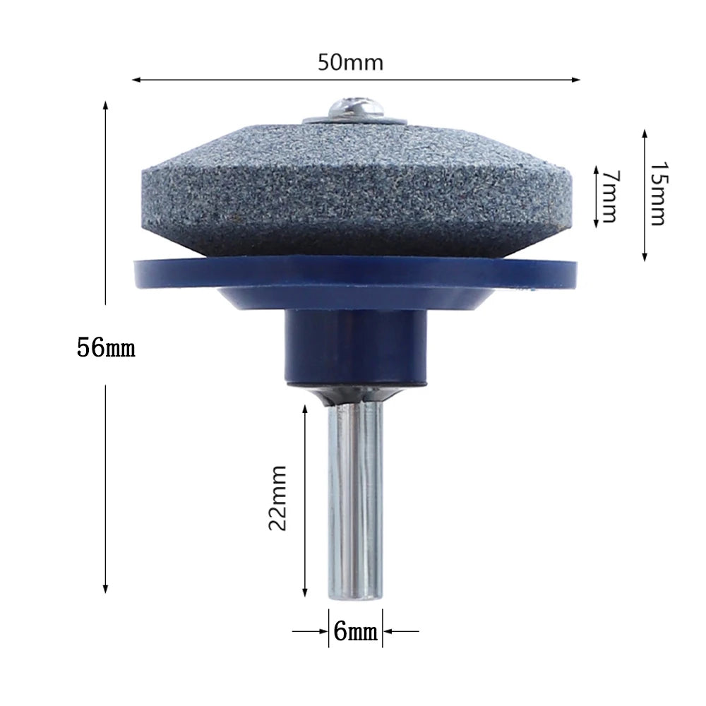 A gray electric grinding stone with a blue base and a metal shaft for knife sharpening.