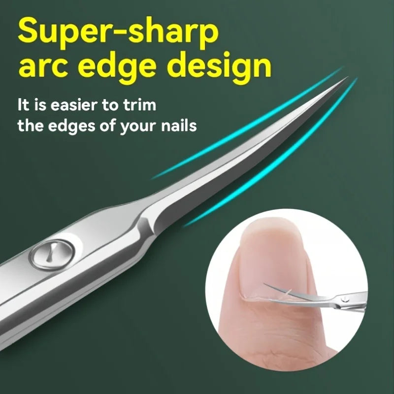 Tijeras de cutícula plateadas con diseño de borde curvo superafilado para recortar uñas.
