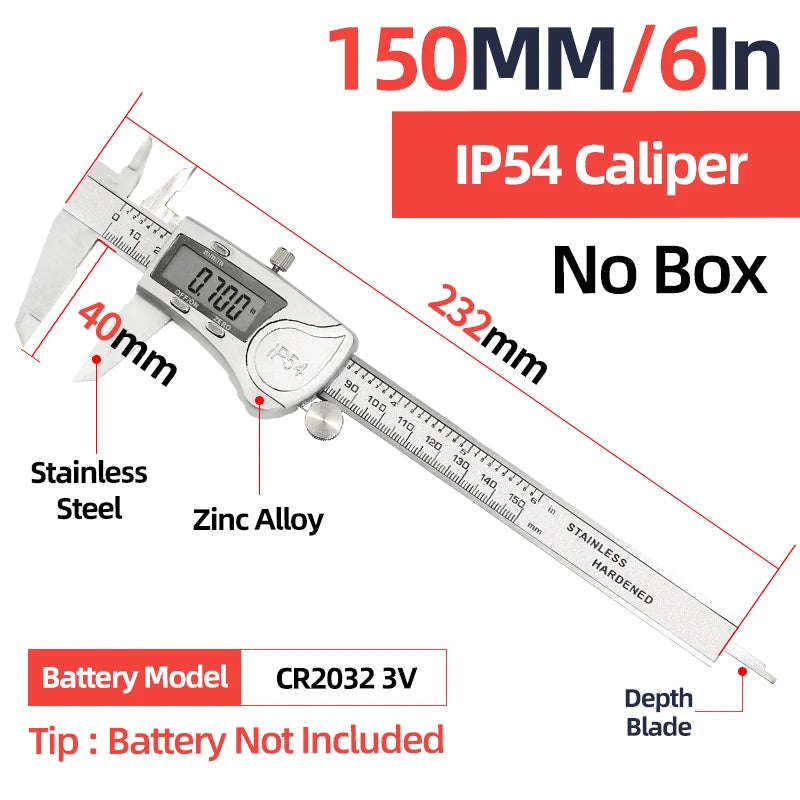 Calibrador de plata IP54 con pantalla digital y mordazas de acero inoxidable junto a una regla.