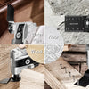 Close-up view of multi-function oscillating cutting blades demonstrating use on wood, pipe, and tile surfaces.
