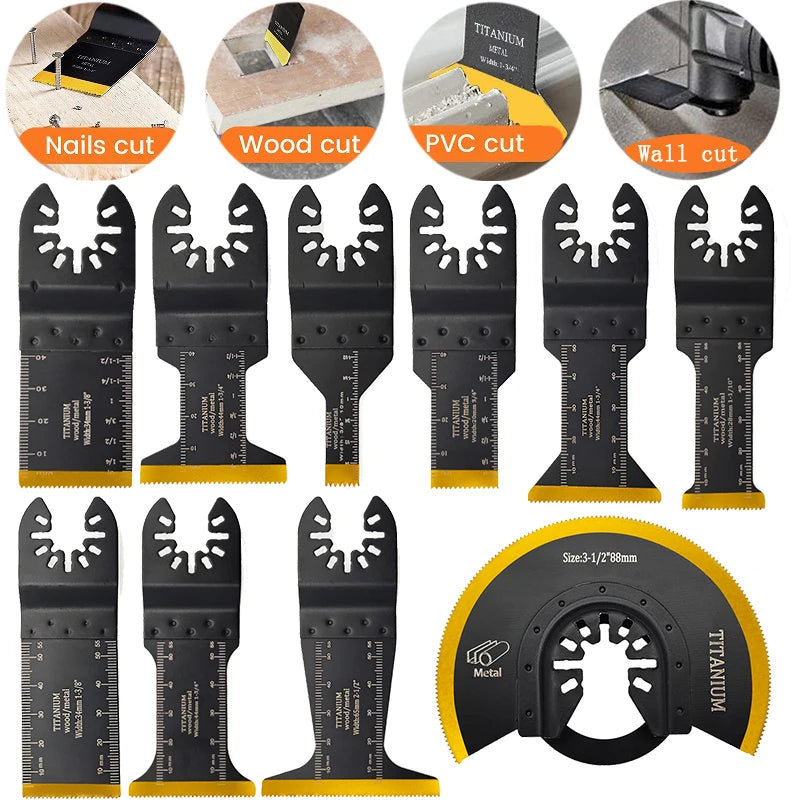 Set of titanium oscillating saw blades and cutting accessories for various tools