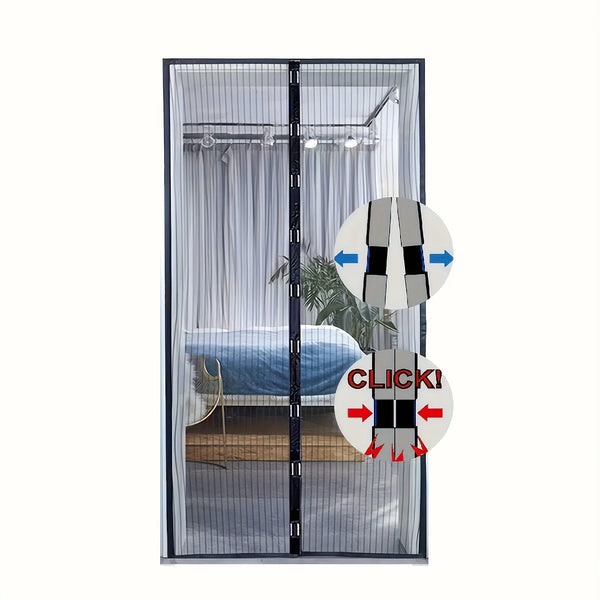 A modern magnetic screen door is shown open, featuring a mesh panel and a sliding mechanism.