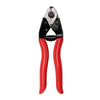A pair of red and black stainless steel wire cutters with housing for bicycle cables.