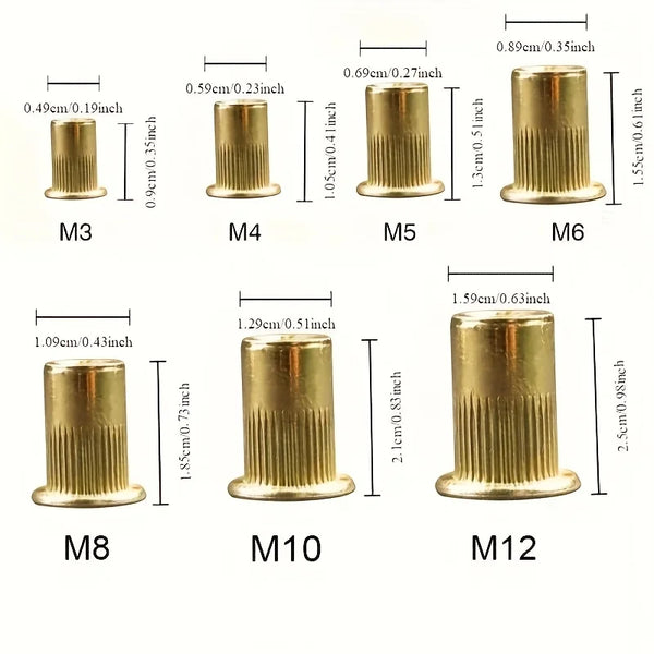 A set of professional steel rivet nuts M3 through M12, showing various sizes and dimensions.