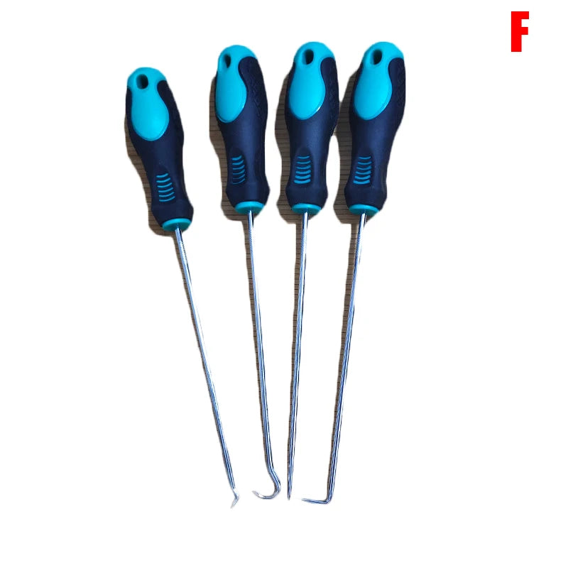 A set of multi-angle car repair hooks with blue and black handles and metal tips.