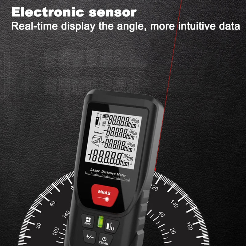 A black electronic sensor laser distance meter device shown against a dark background with a circular scale.