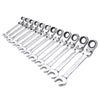 A set of chrome vanadium steel ratcheting wrenches arranged in a row.