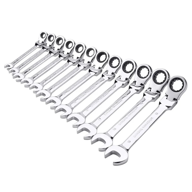 A set of chrome vanadium steel ratcheting wrenches arranged in a row.