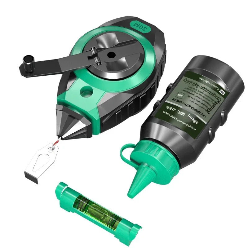 A precision chalk line marking tool set featuring a green and black device and a glass tube.