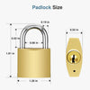 Diagram showing the size specifications of a padlock, including dimensions for the shackle and body.