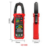 Medidor clamp digital True RMS rojo con dimensiones y características