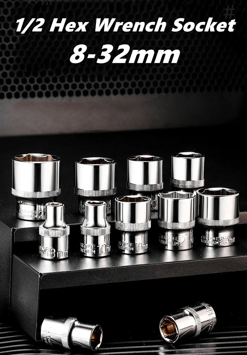 A set of 1/2 Hex wrench sockets in various sizes, including 8-32mm, displayed on a black surface.