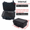 Black waterproof hard carry case with dimensions including and excluding the upper cover.