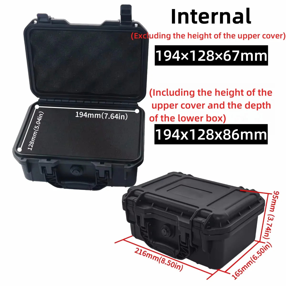 Black waterproof hard carry case with dimensions including and excluding the upper cover.