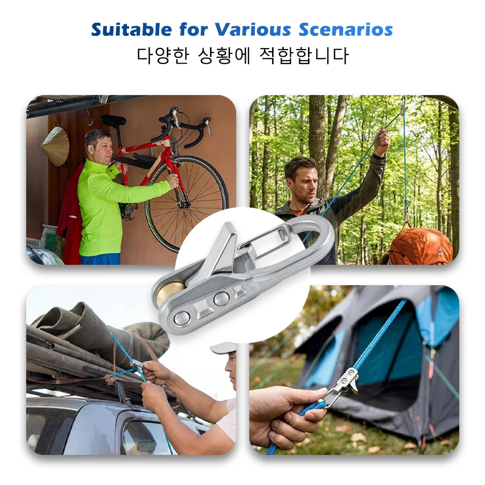 A heavy-duty rope tensioner kit is shown in various outdoor scenarios, including bicycle mounting, tent setup, and vehicle se