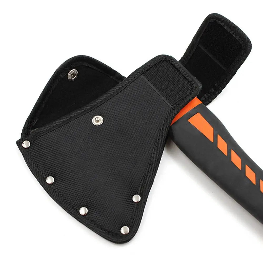 Black nylon axe blade cover with orange accents shown in a close-up view
