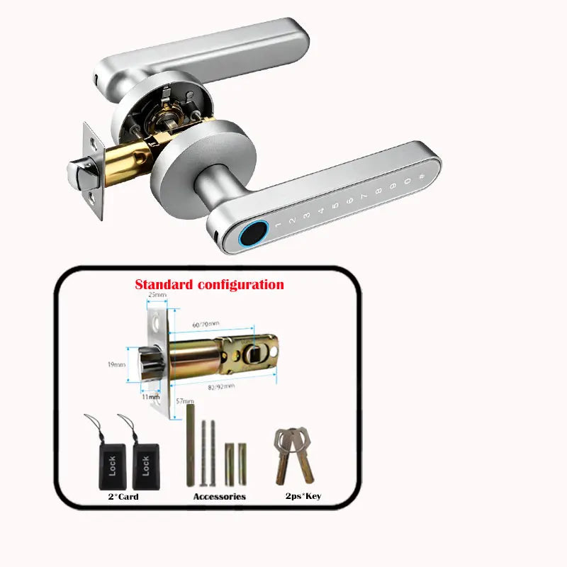 A silver smart digital lock mechanism showing the main body, a key cylinder, and a card reader component.