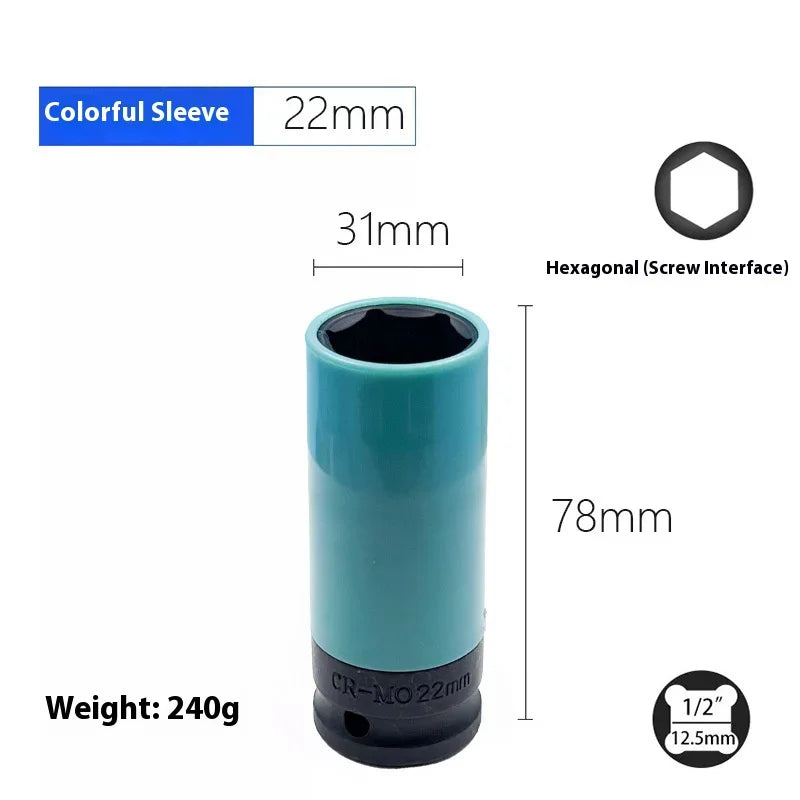 A teal precision drive impact wrench socket with a colorful sleeve, measuring 31mm in diameter and 78mm in length.