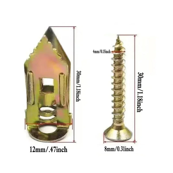 A set of self-drilling drywall anchors shown with dimensions for installation.