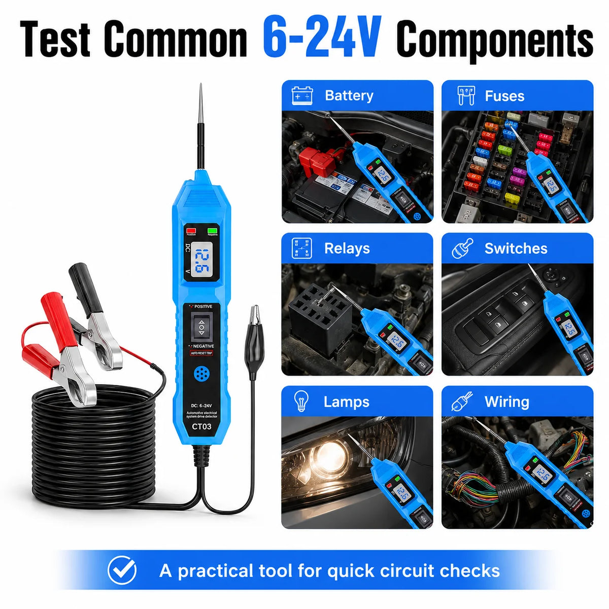 A digital automotive circuit tester tool with battery, fuses, relays, switches, lamps, and wiring components.
