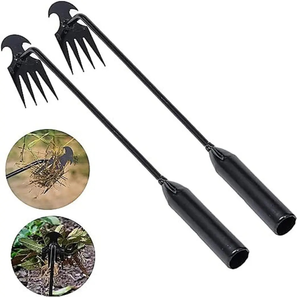 A black multifunctional hand weeder tool with long prongs and a handle, shown next to close-ups of weeds.