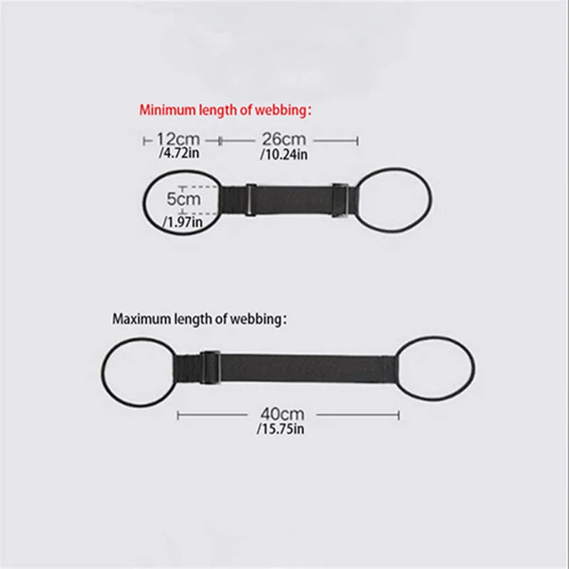 Diagram showing the minimum and maximum lengths of a black adjustable luggage strap carrier belt.