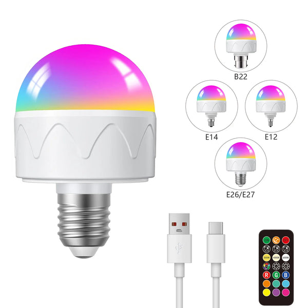 A white LED light bulb with a multi-color spectrum, various bases, and a remote control.