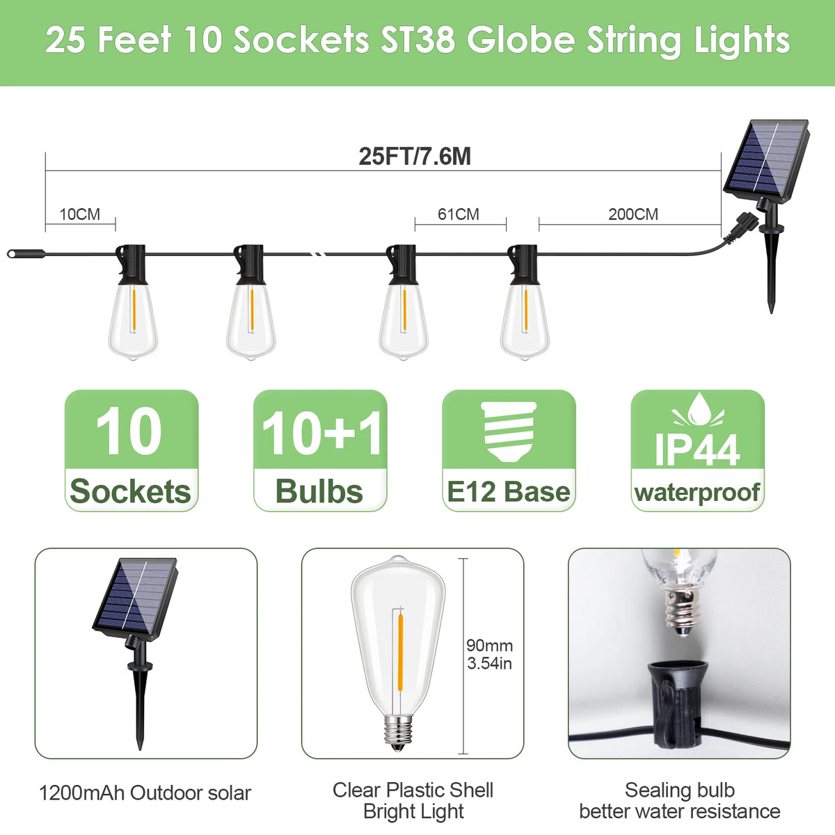 25 feet of 10 socket ST38 globe string lights with solar panels and E12 base bulbs