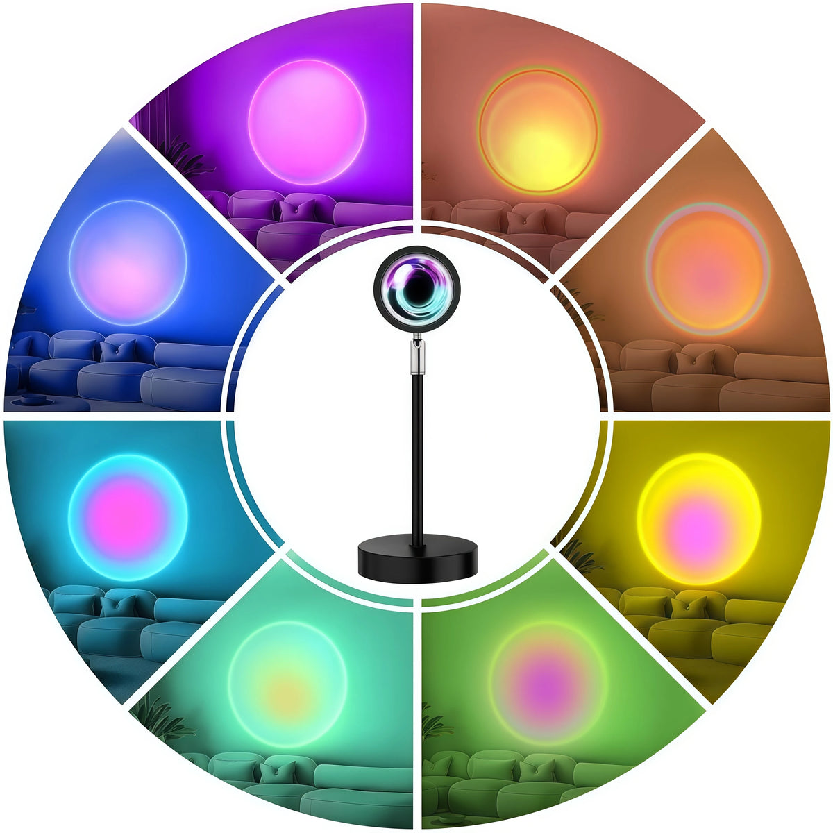 A multi-color LED sunset projector night light displayed in a circular arrangement of vibrant colors.