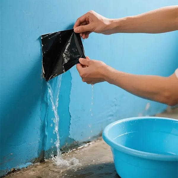 Hands applying heavy duty leak-proof repair tape to a blue wall, with dripping liquid visible.