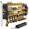 A black power tool organizer rack holding various yellow and black tools and a charging station.