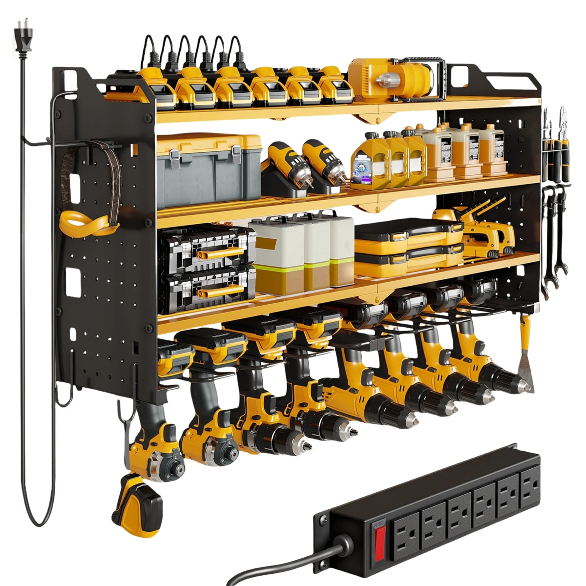 A black power tool organizer rack holding various yellow and black tools and a charging station.