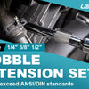 Nahaufnahme eines 9-teiligen Wackelextensionssets mit Größen in 1/4, 3/8 und 1/2 Zoll in dunkler Umgebung.