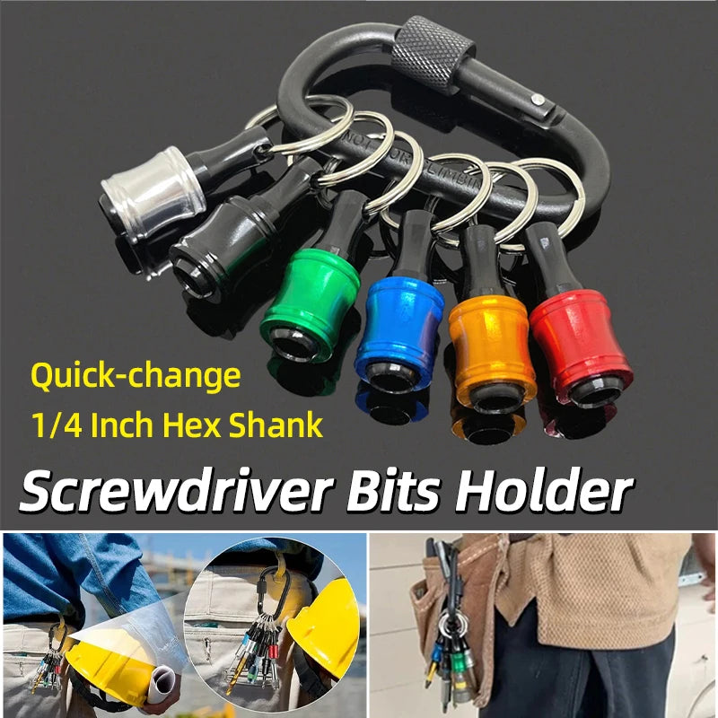 A black screwdriver bits holder with multiple hexagonal bits in various colors, including green, blue, orange, and red.