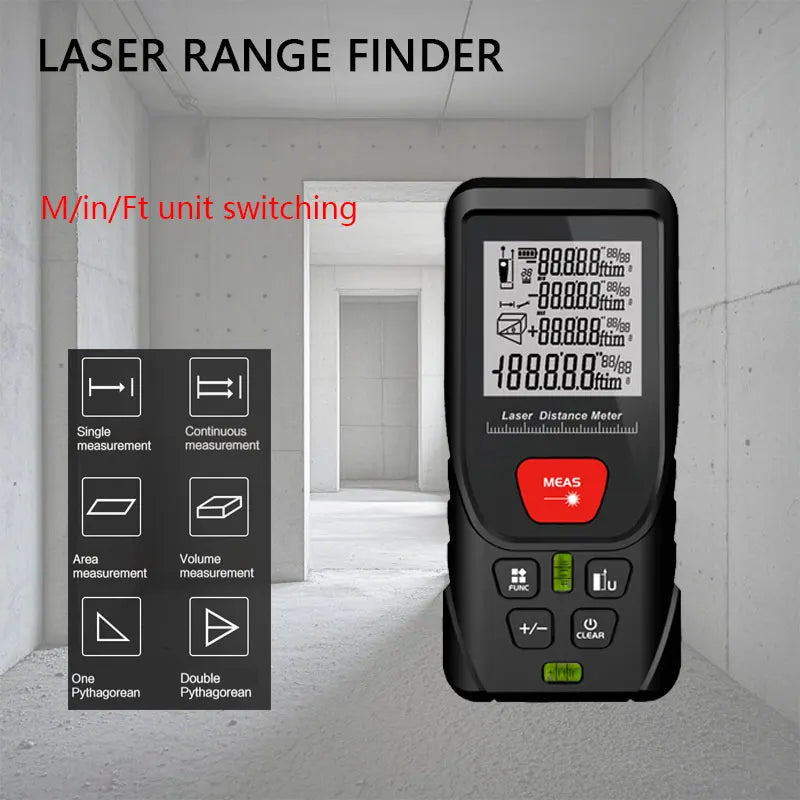 A black laser rangefinder tool is shown with various measurement modes and an M/in/Ft unit switch in a modern indoor setting.