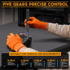 Eine Hand mit orangefarbener Handschuh benutzt ein Mini-Akku-Schraubendreher-Set an einem elektronischen Gerät.