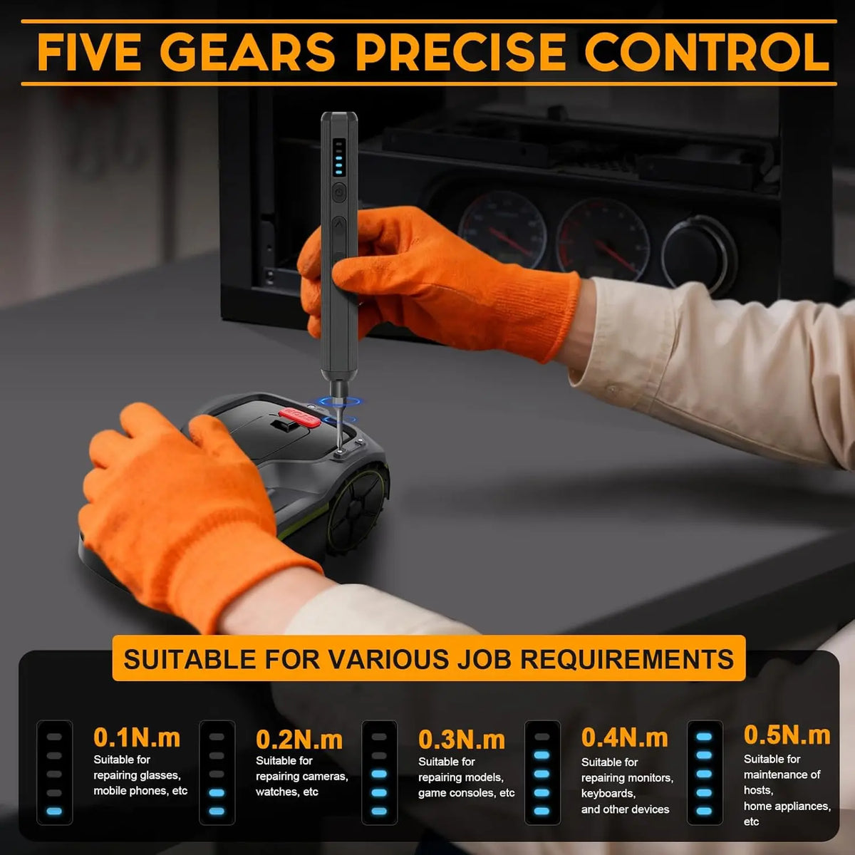 Eine Hand mit orangefarbener Handschuh benutzt ein Mini-Akku-Schraubendreher-Set an einem elektronischen Gerät.