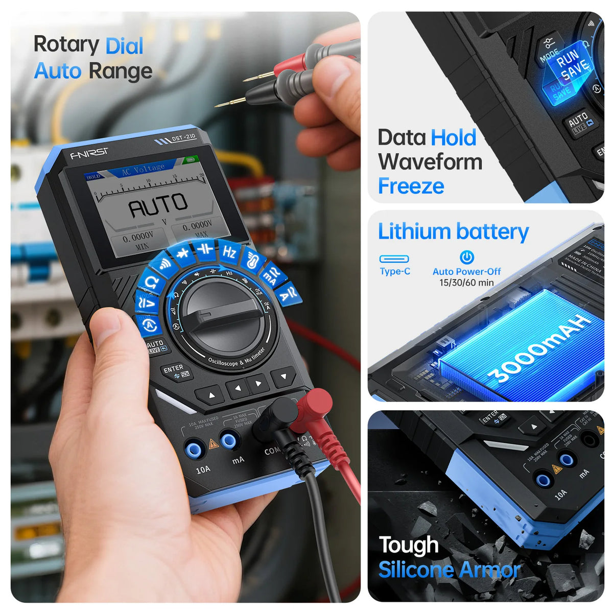 A hand holds a black digital multimeter with an auto range dial and lithium battery, showing various features.