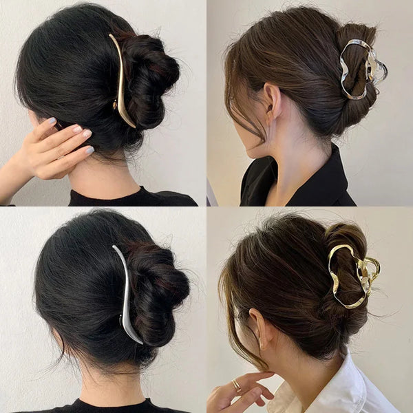 مجموعة مشابك شعر ذهبية أنيقة على شكل حرف S ومصففة في تسريحات مختلفة وذيل حصان.