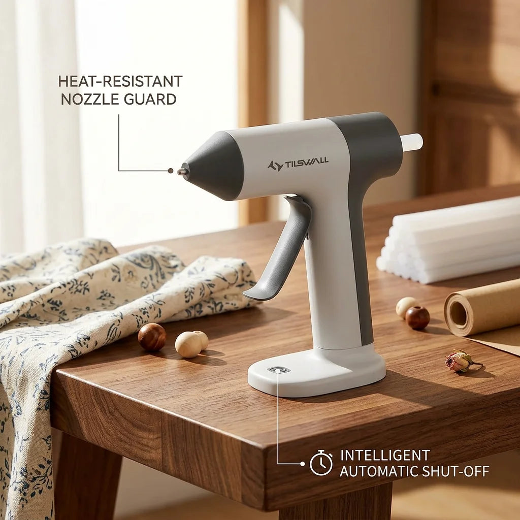 Pistolet à colle sans fil blanc et gris avec protection anti-chaleur sur une table en bois.