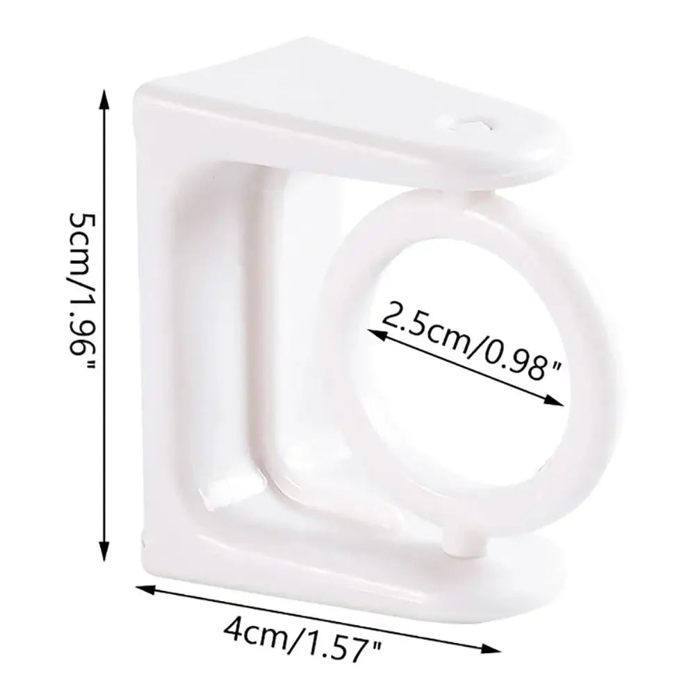 White 360° rotating adhesive curtain rod brackets shown with dimensions.